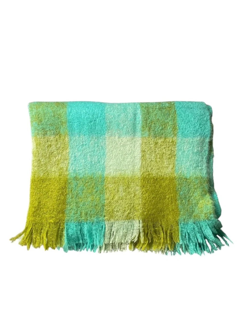 Vintage Glentana Scotland Turquoise and Lime Green Checkered Throw Blanket